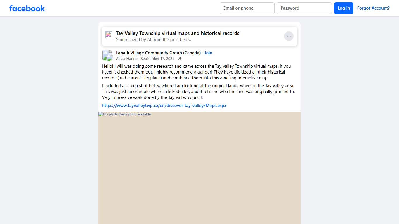 Lanark Village Community Group (Canada) Hello! I will was doing some research and came across the Tay Valley Township virtual maps Facebook